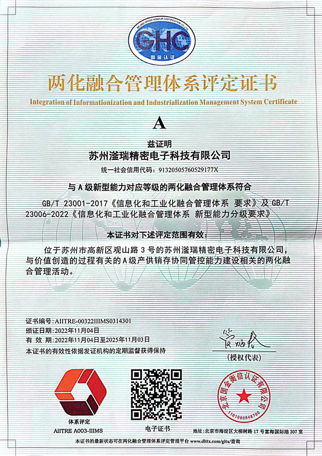 两化融合管理体系评定证书